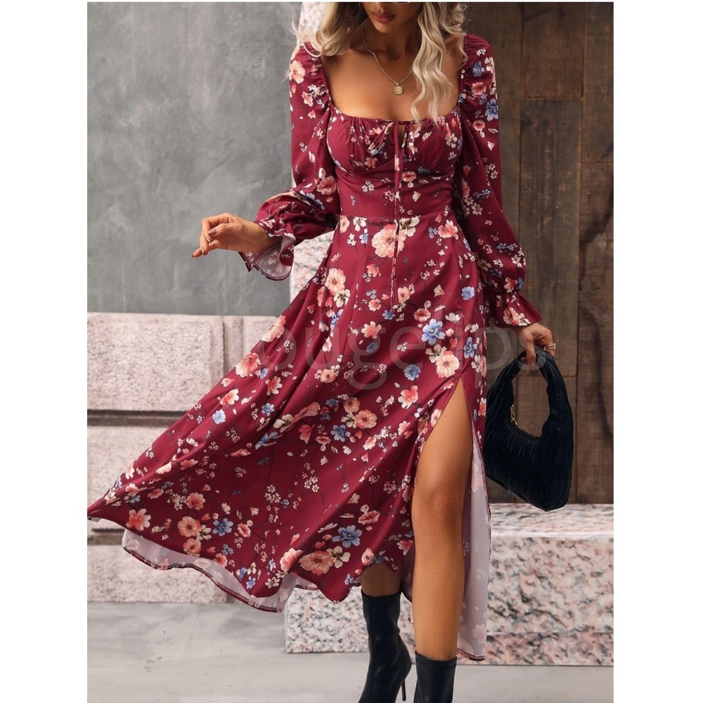 Floral Dress Square Neck Fit & Flare Maxi Long Sleeve Leg Slit Front Ties Red